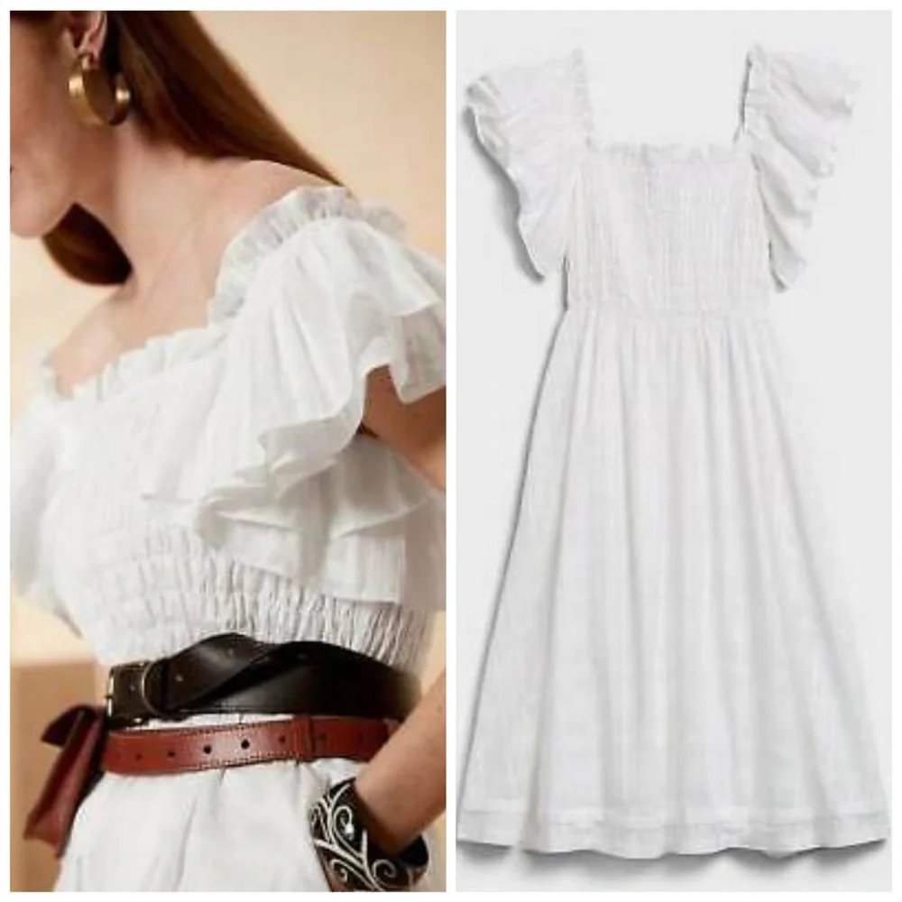 Banana Republic White Smocked Chest Fit & Flare Dress with Ruffle Sleeves - Picture 4 of 12